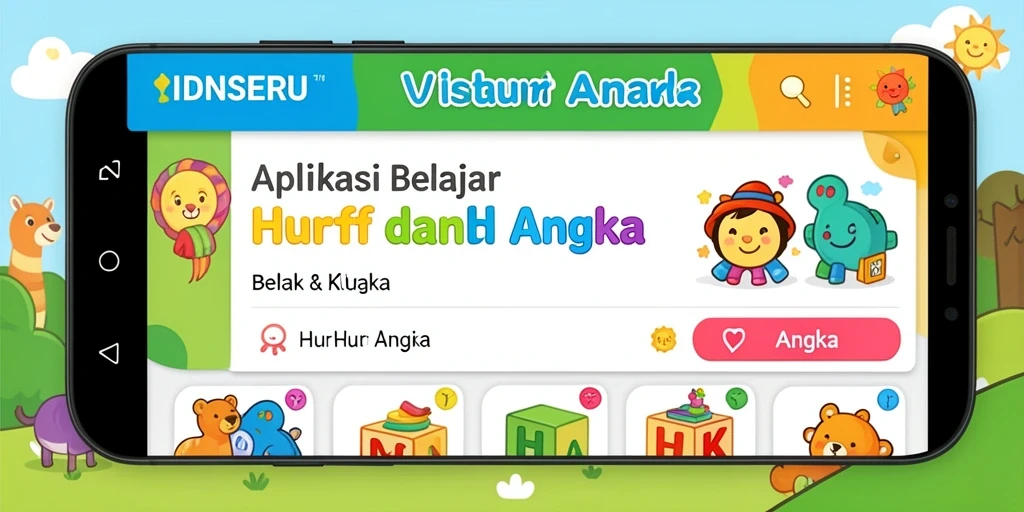 Tampilan antarmuka utama aplikasi IDNSERU untuk belajar huruf dan angka.