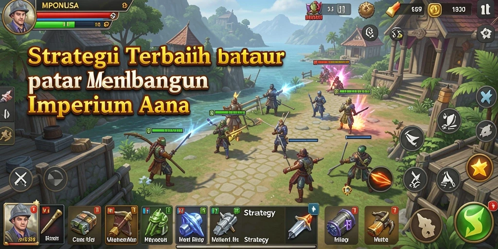 Antarmuka strategi MPONUSA dengan elemen visual menarik dan gameplay yang dinamis.