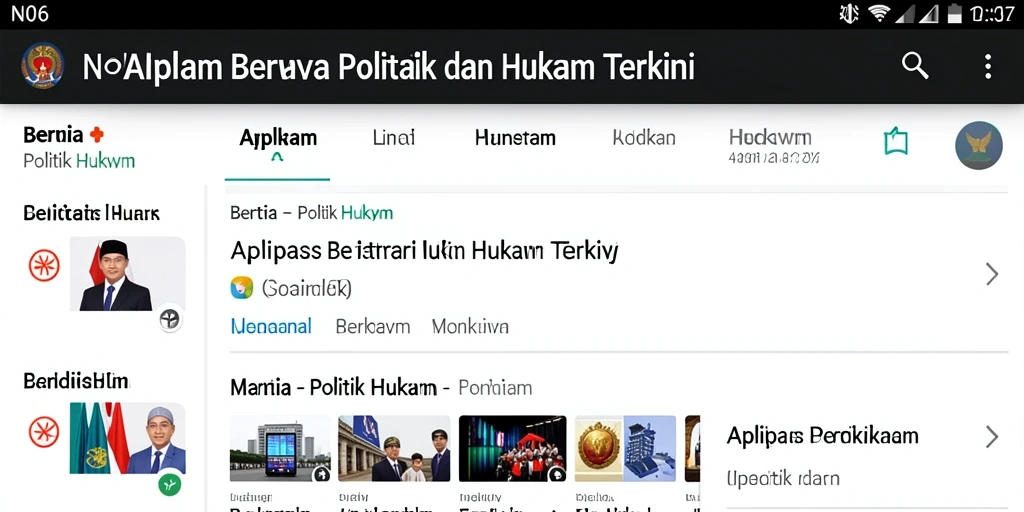 Tampilan antarmuka intuitif aplikasi N06 dengan berbagai berita politik dan hukum.