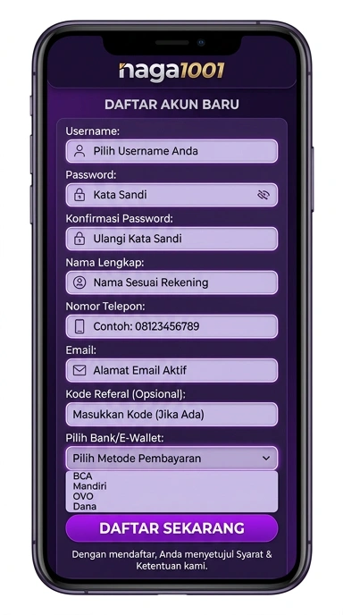 Cara mudah buat akun baru naga1001 untuk pengguna Android.